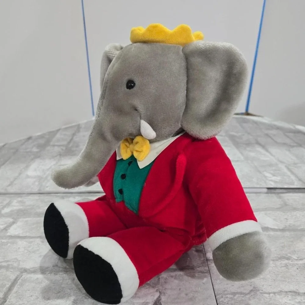 Vintage 1988 Gund Babar the‎ King Plush Stuffed Christmas Elephant with Red Suit